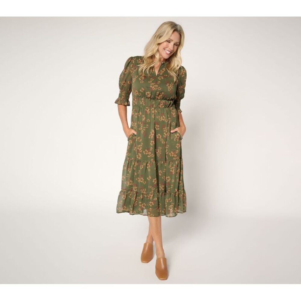 Ree by The Pioneer Woman Women's Petite Dress PM Pier Printed Green
